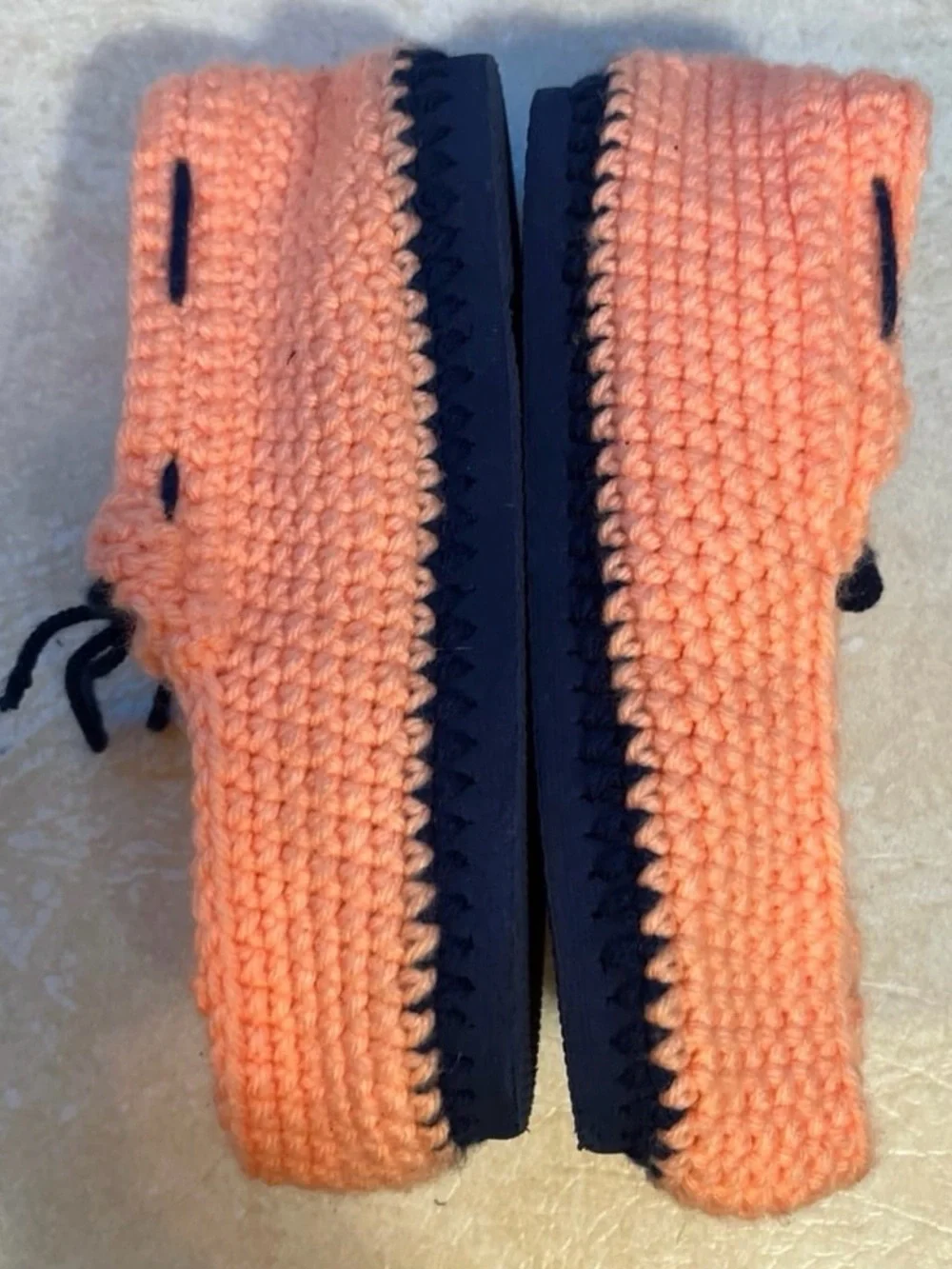 Cozy Peach Crochet Kids Moccasins with Navy Accent